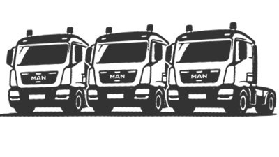 Fuhrpark für Baustofftransporte Icon mit mehreren LKW für Fuhrpark und Baustofftransporte